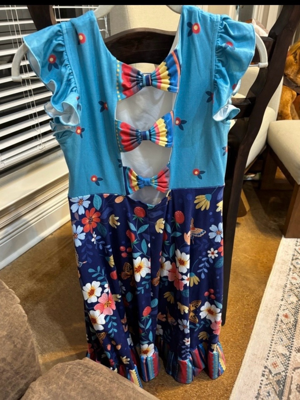 Girls Teal and Navy Floral Ruffle Hem Dress